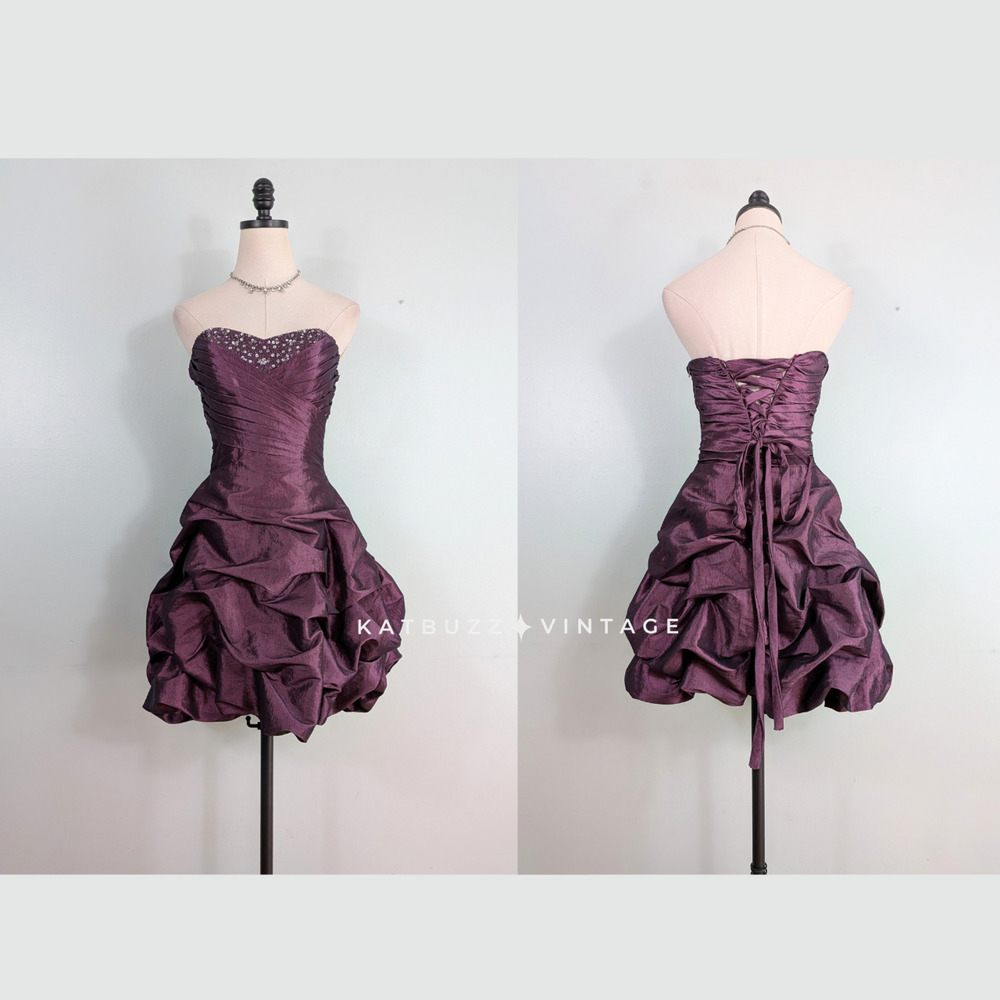 Vintage Prom Dress Mini Gown S Purple Corset Y2K Bubble Strapless Princess Dance